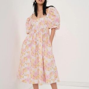 For Love and Lemons Carrie Midi Dress XS Pink Yellow White Floral Puff Sleeves